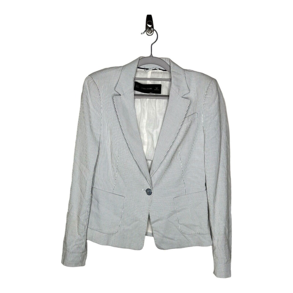 Zara Womens Seersucker Pinstripe Blazer Small Blue White One Button Nautical